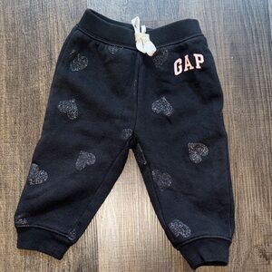 GAP Black Jogger Pants with Pink Logo and Glitter Hearts
